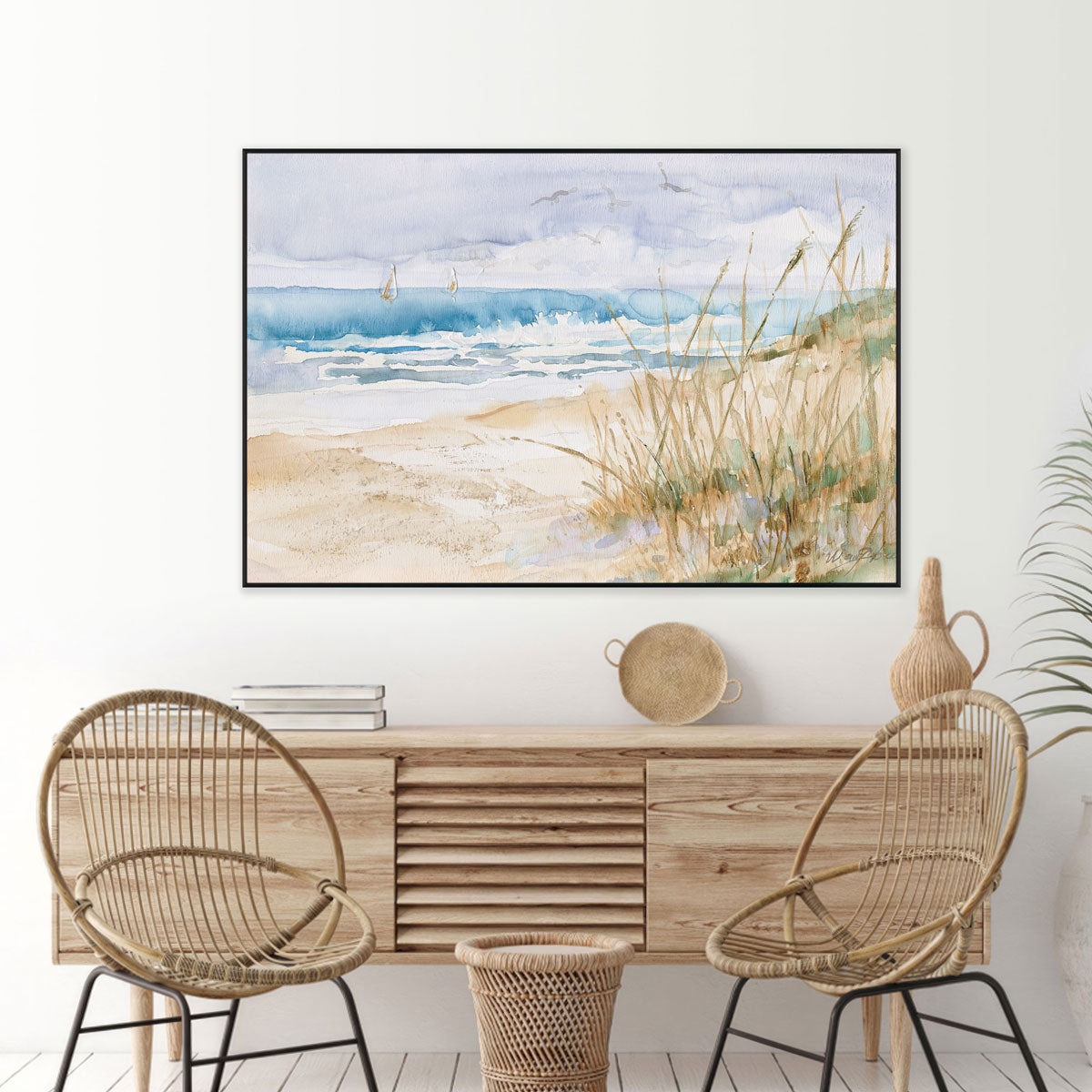 Coastal Whisper Sailboats & Beach Painting #M3671