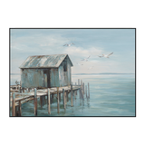 Blue Cottage Seaside Pier Painting #M3678