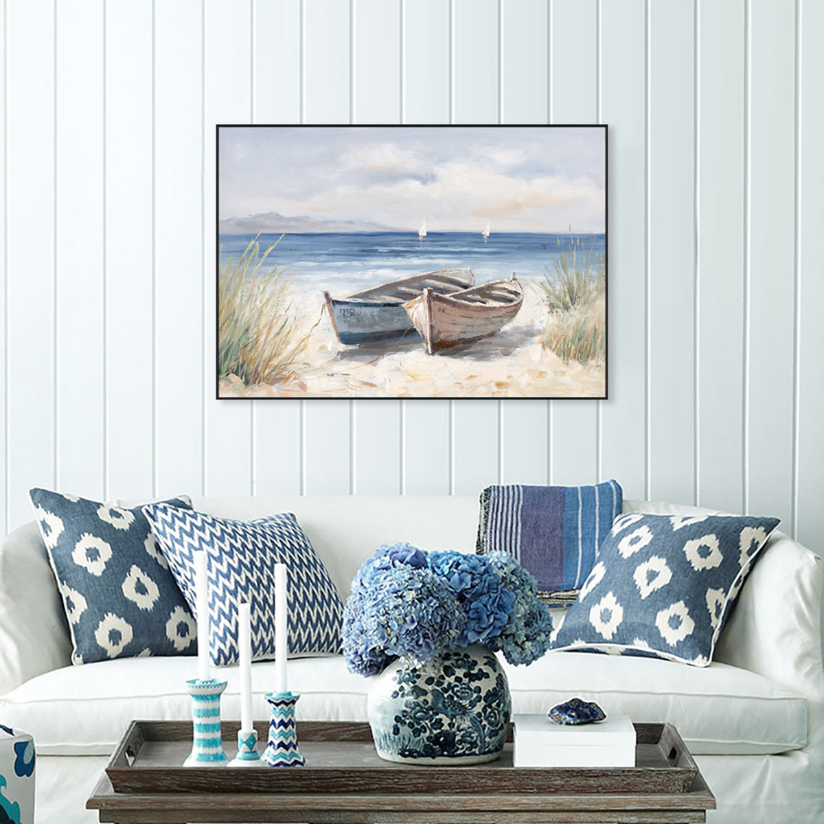 Shoreline Rest Twin Boats & Beach Painting #M3684