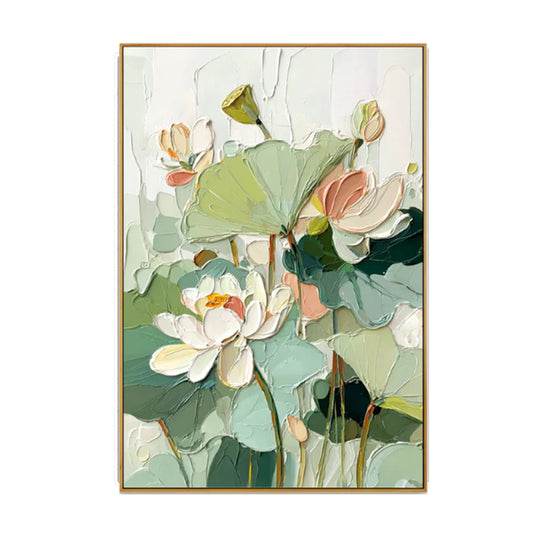 Emerald Lotus–Textured Botanical Oil Painting