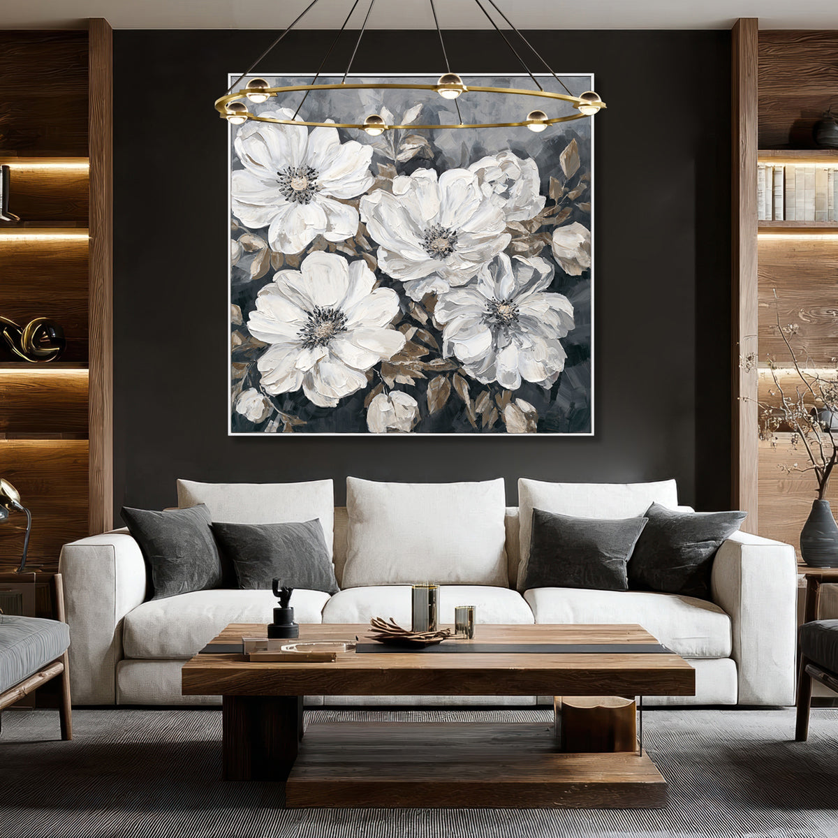 Moonlit Peonies Monochrome Floral Painting #P3501