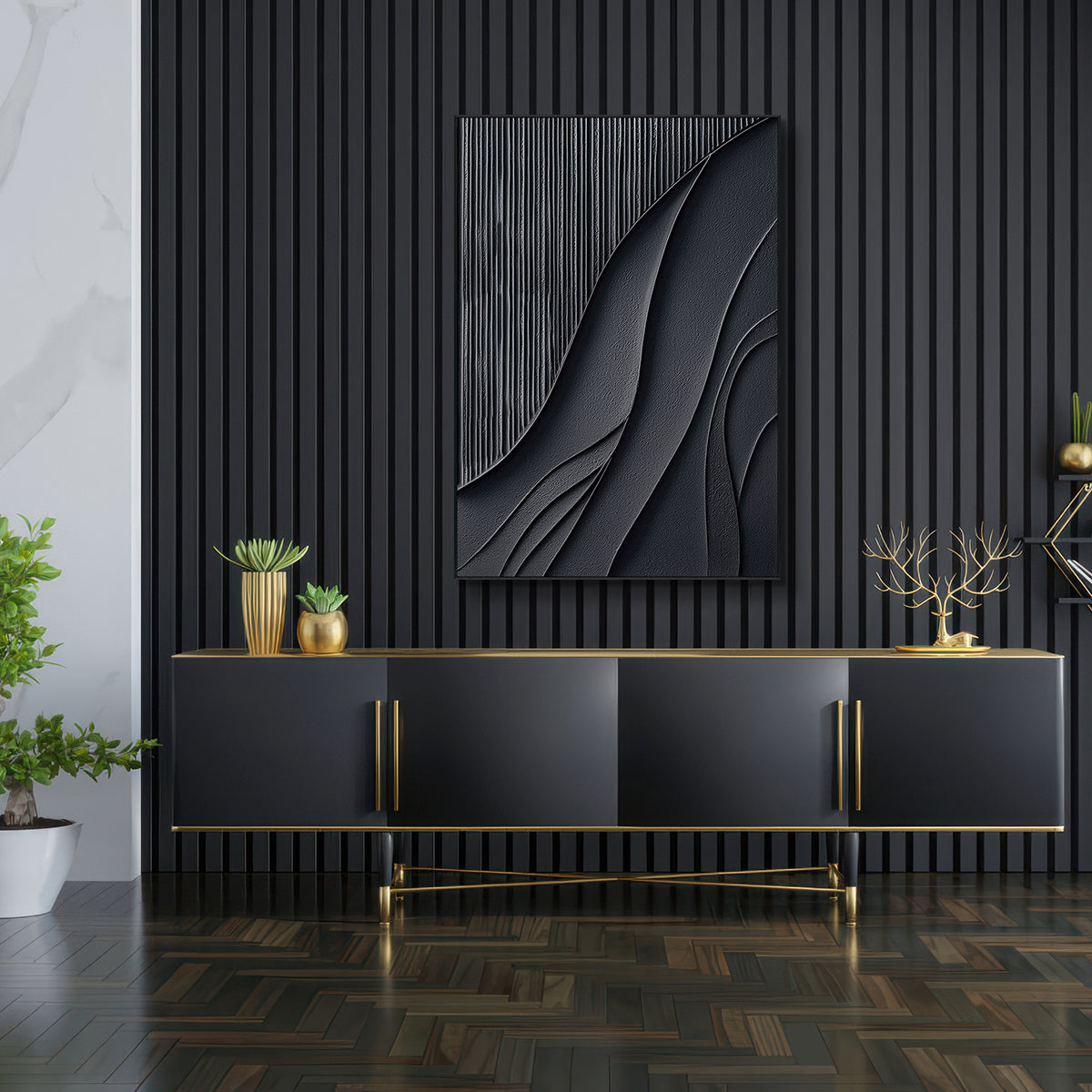 Shadow Flow Black Textured Abstract Painting #PIS6