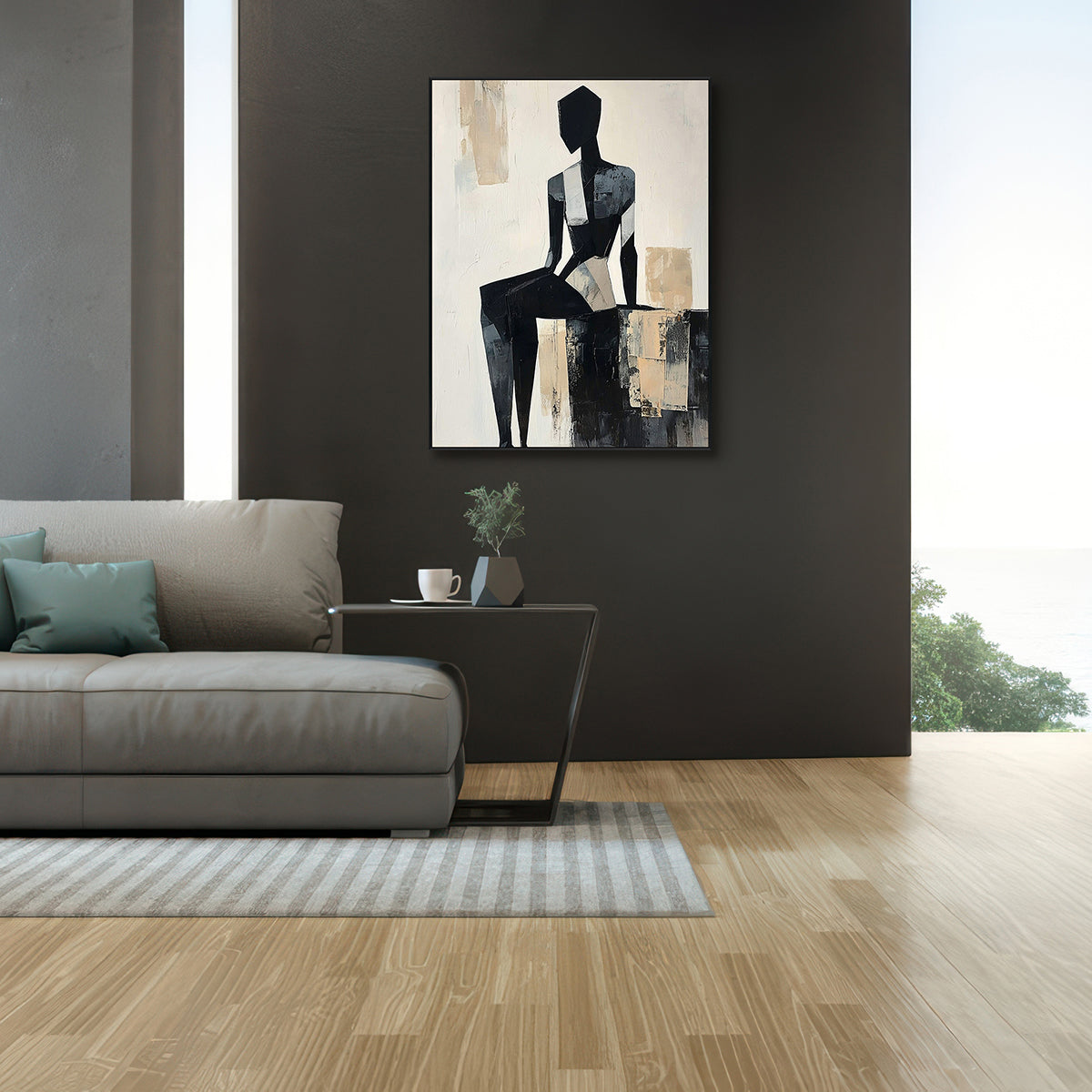Silent Form Black and Beige Abstract Figure Painting #PIX2