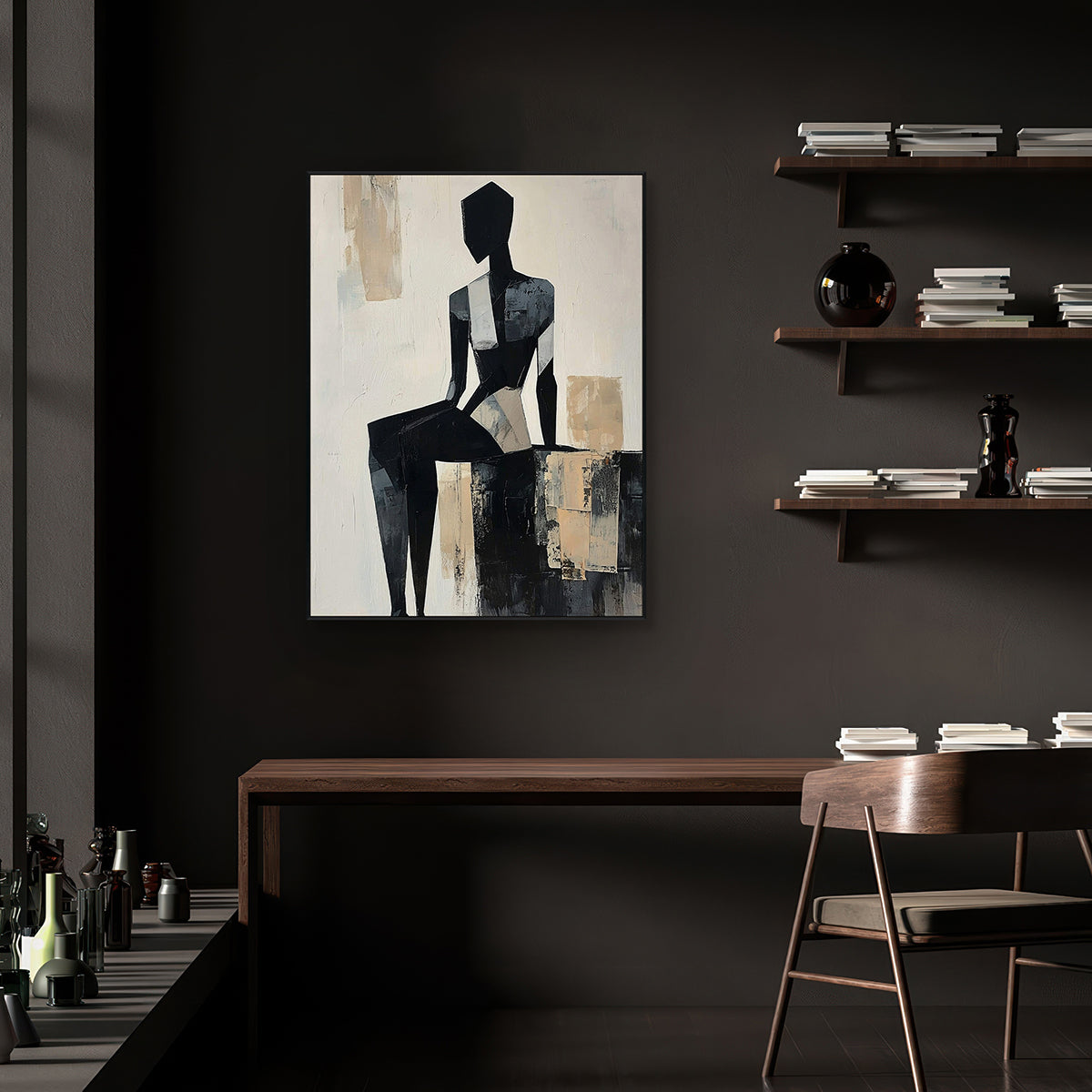 Silent Form Black and Beige Abstract Figure Painting #PIX2