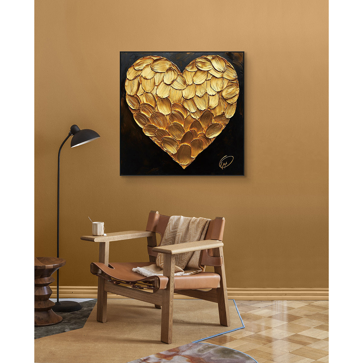 Golden Petal Heart Textured Abstract Painting #PIX-8