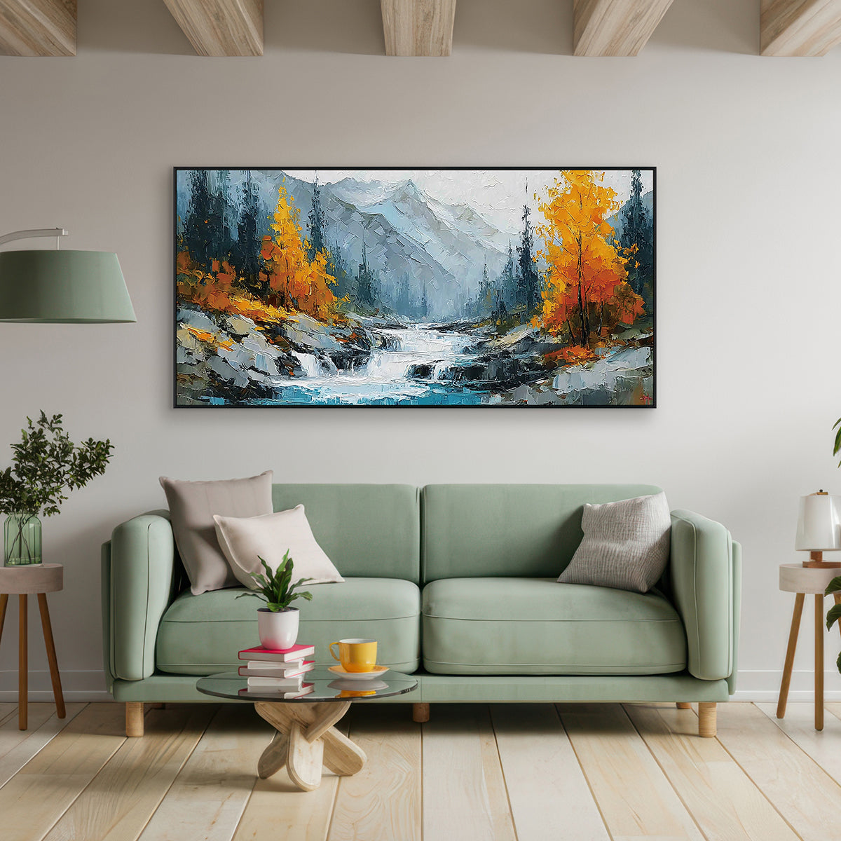 Golden Falls Textured Mountain Painting #RIK1 (244)