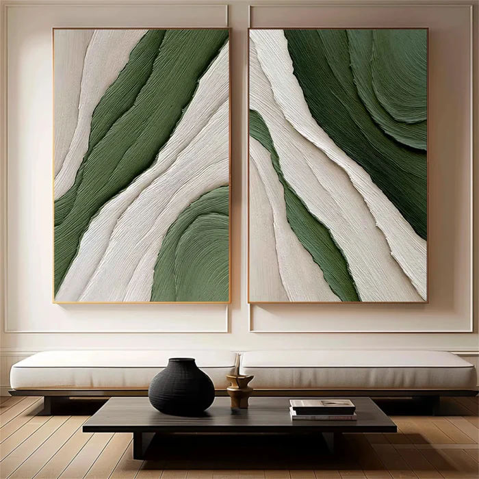 Verdant Flow Green Textured Abstract Painting Set Set of 2