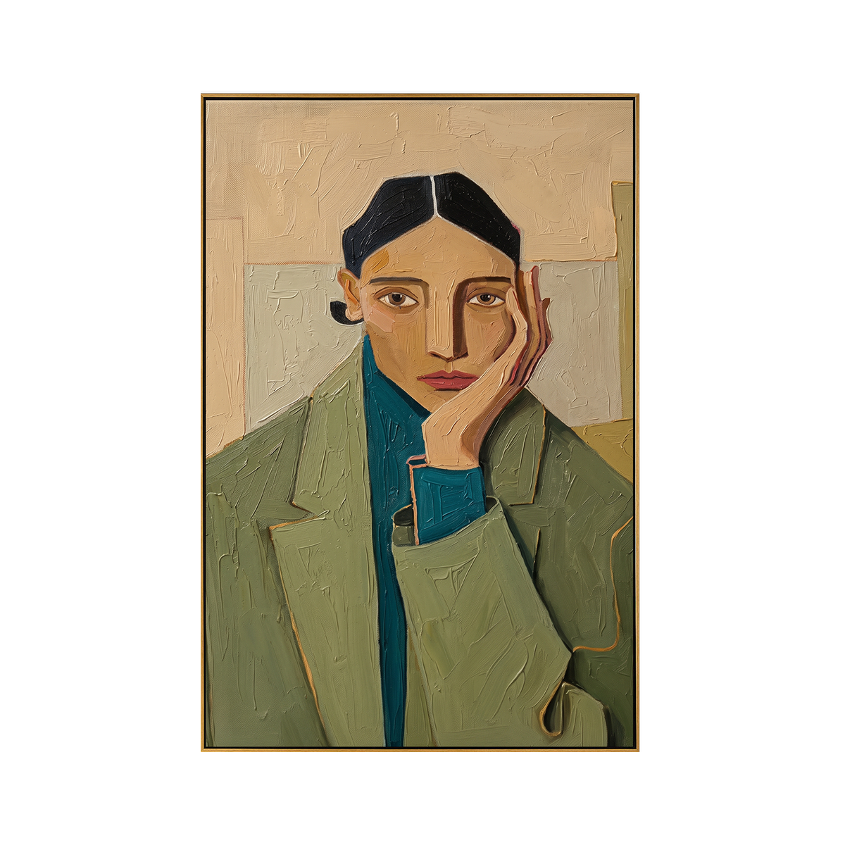 Contemplative Green Coat Portrait Canvas Art