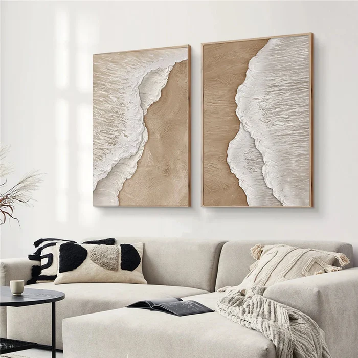 Serene Shore Beige Textured Painting Set Set of 2