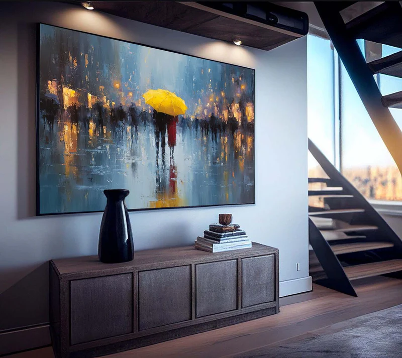 Yellow Umbrella Rainy Street Painting