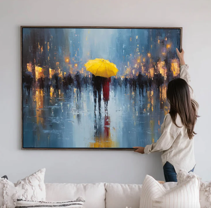 Yellow Umbrella Rainy Street Painting