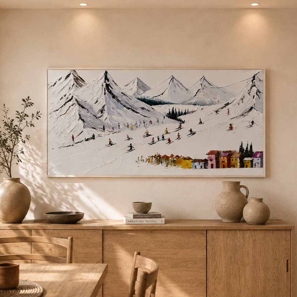 Colorful Ski Resort Winter Textured Landscape Painting