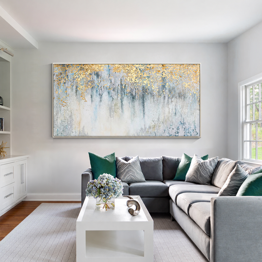 Gilded Mist Blue-Gold Abstract Painting