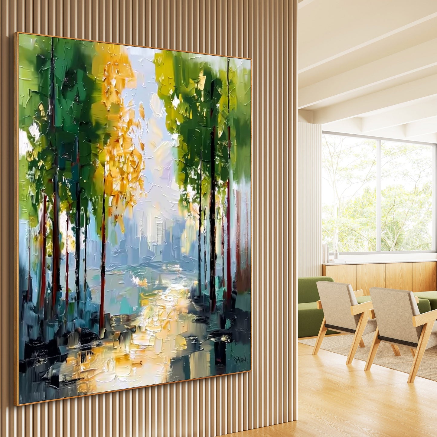 Sunlit City Walkway Impasto Canvas Art