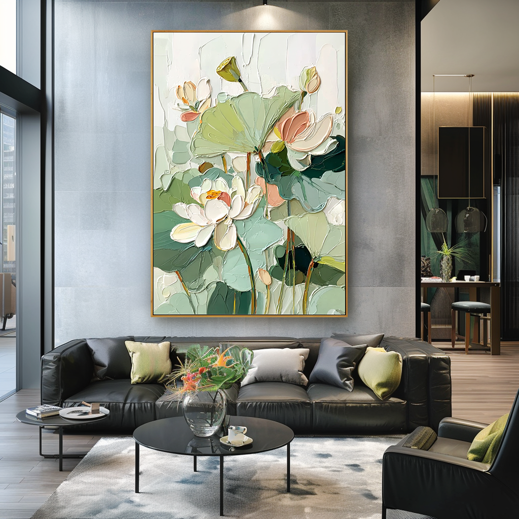 Emerald Lotus–Textured Botanical Oil Painting