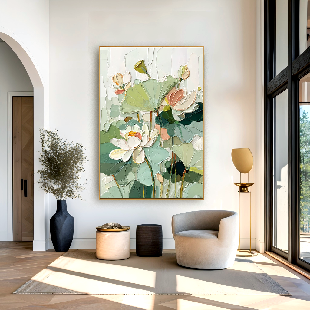 Emerald Lotus–Textured Botanical Oil Painting