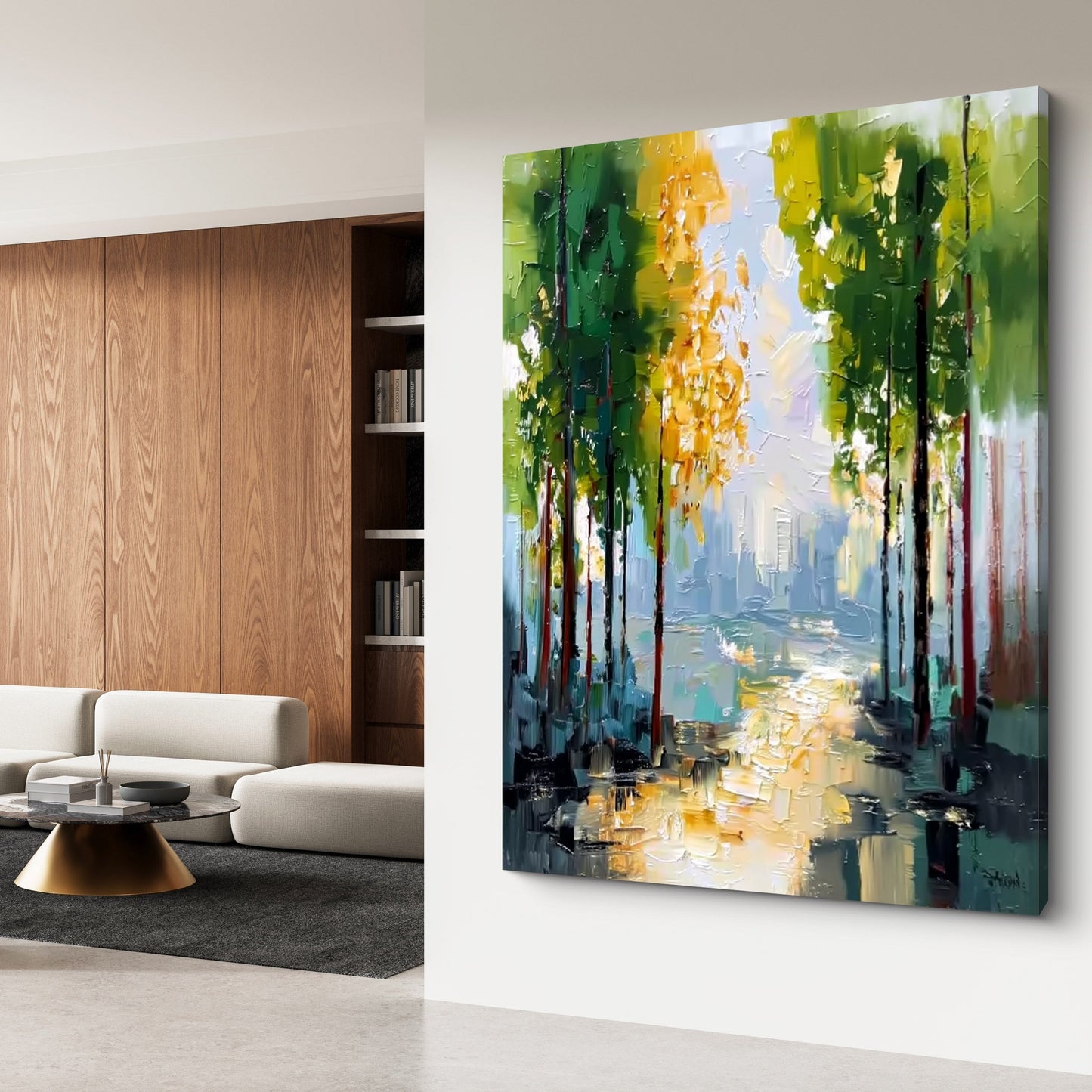 Sunlit City Walkway Impasto Canvas Art