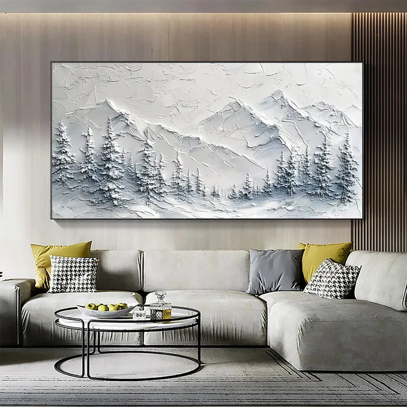 White Winter Mountain Textured Painting