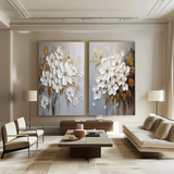 Golden Bloom White Floral Textured Painting Set Set of 2