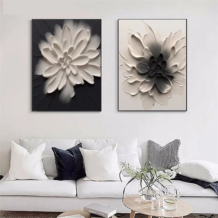 Dual Bloom Black and White Floral Painting Set Set of 2