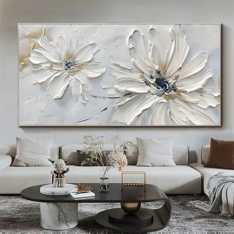 White Floral Textured Painting