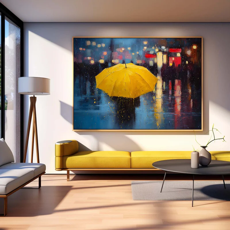 Yellow Umbrella Night Rain Painting
