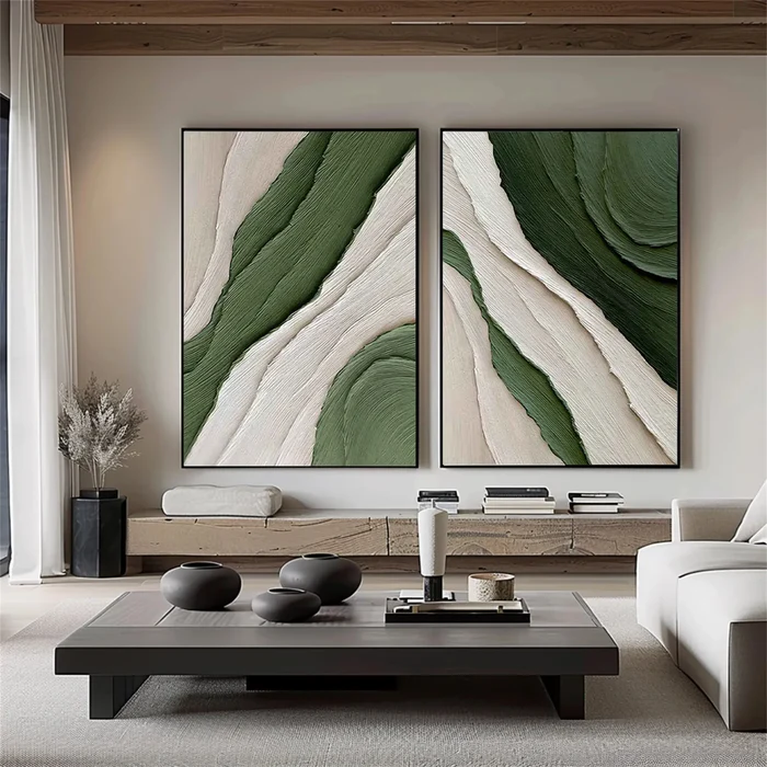Verdant Flow Green Textured Abstract Painting Set Set of 2
