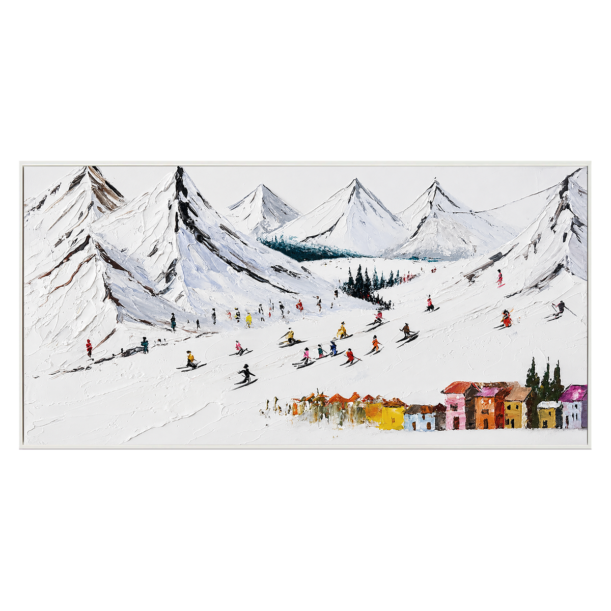Colorful Ski Resort Winter Textured Landscape Painting