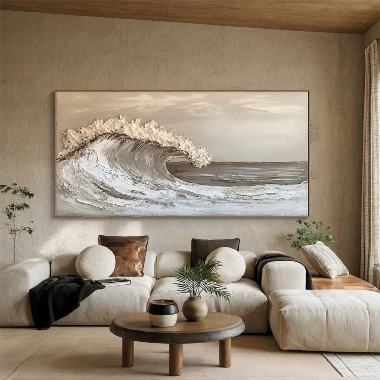 Golden Tide-Beige Ocean Wave Painting
