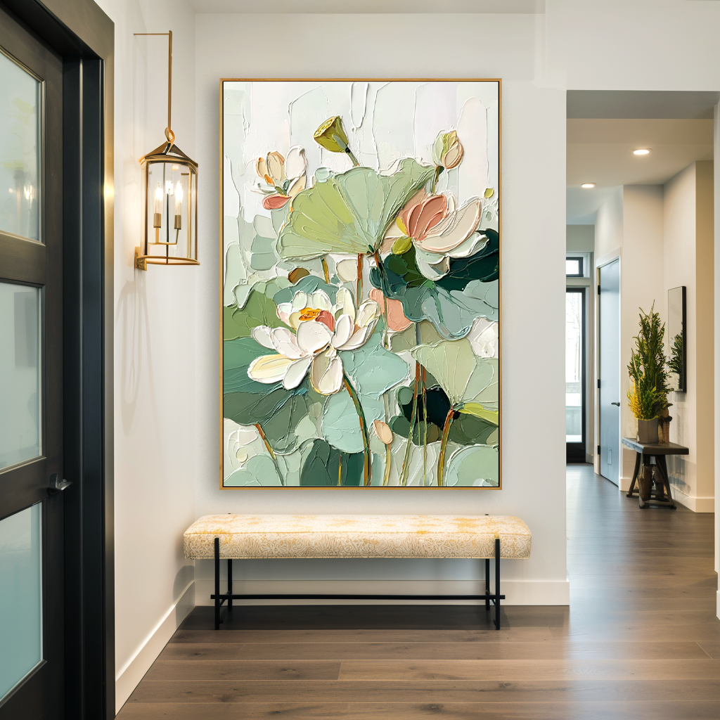 Emerald Lotus–Textured Botanical Oil Painting
