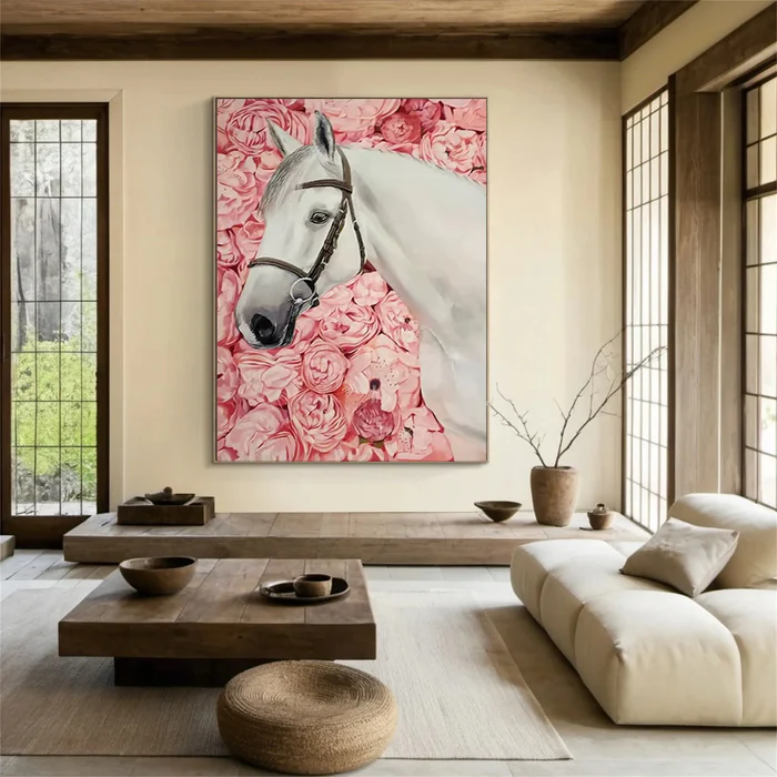 Blush Garden White Horse Painting