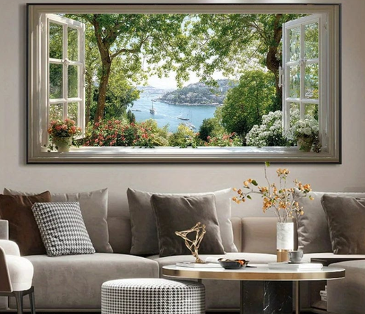 Window Escape–Serene Lake Landscape Painting