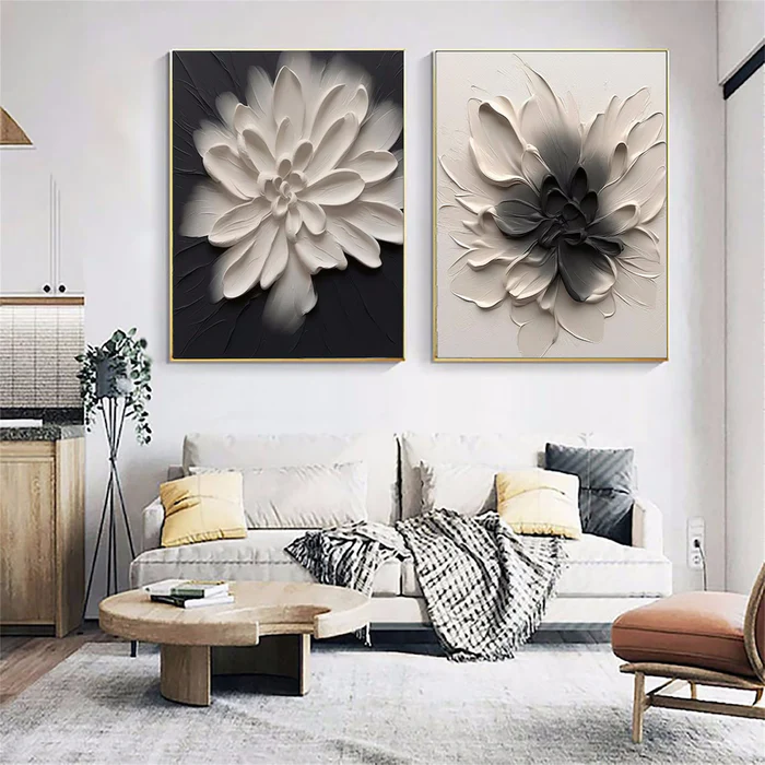 Dual Bloom Black and White Floral Painting Set Set of 2
