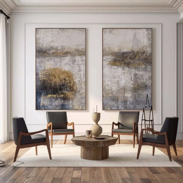 Golden Haze Abstract Landscape Painting Set Set of 2