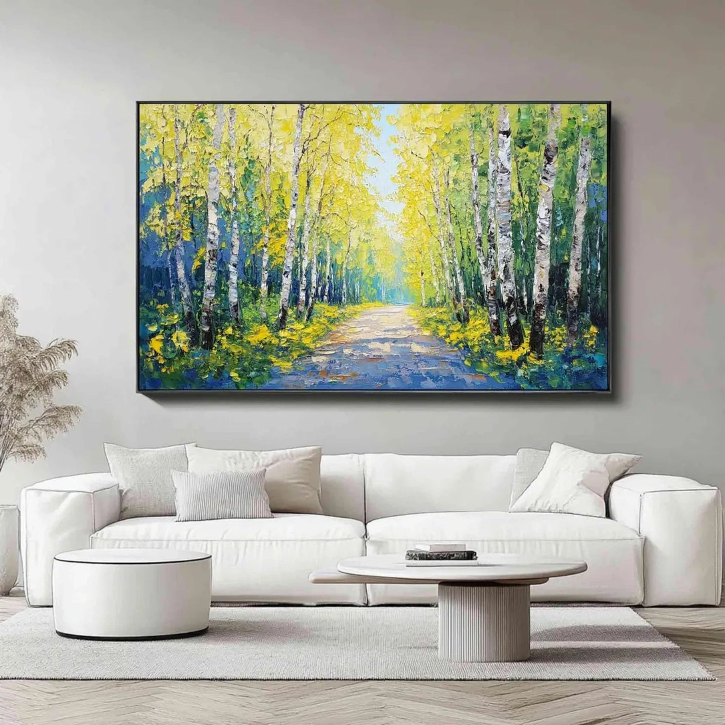 Golden Birch Path Landscape Painting