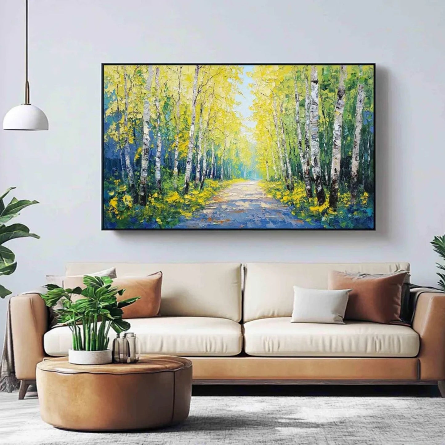 Golden Birch Path Landscape Painting