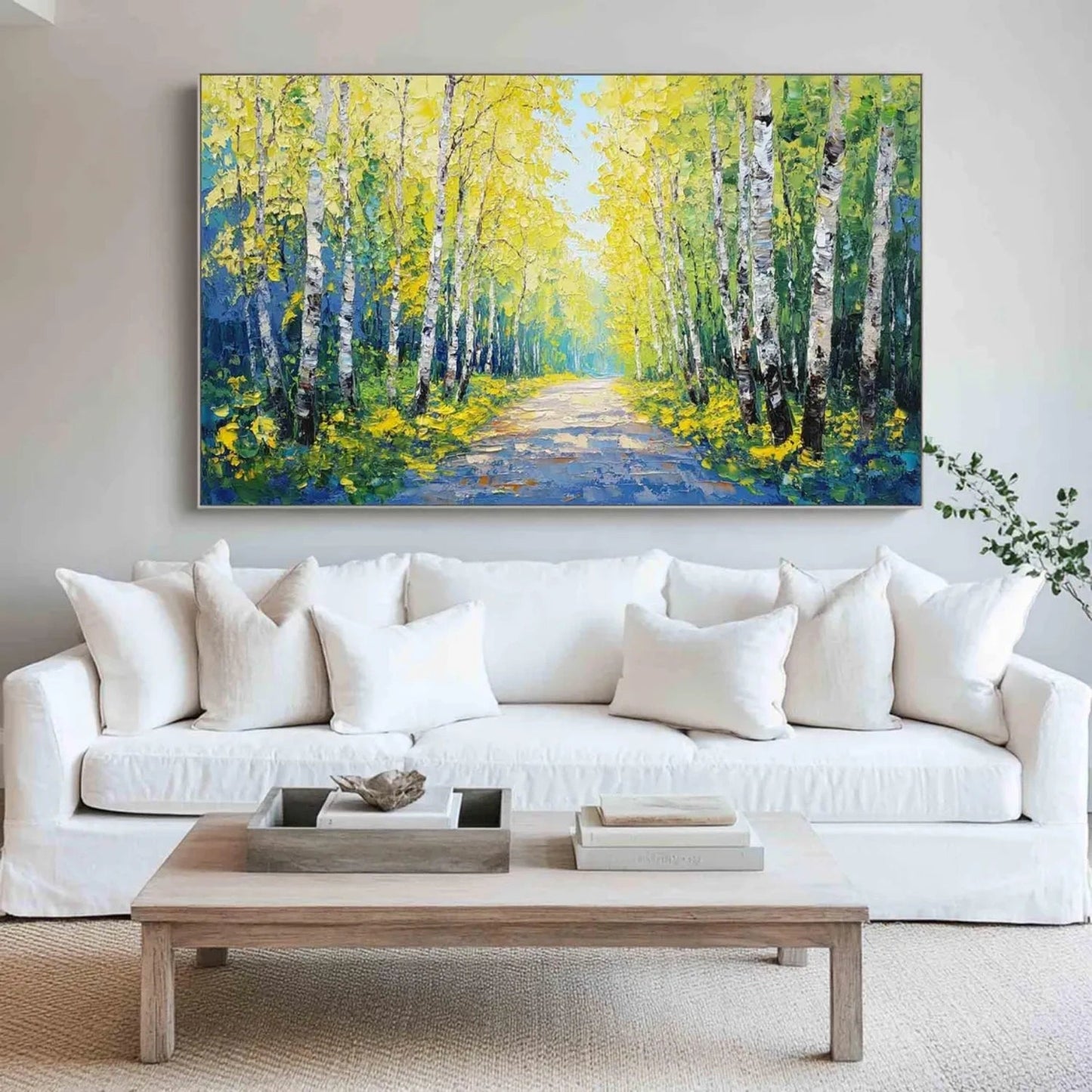 Golden Birch Path Landscape Painting