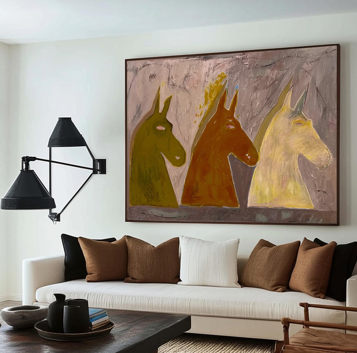 Trio Earth-Tone Horses Abstract Painting