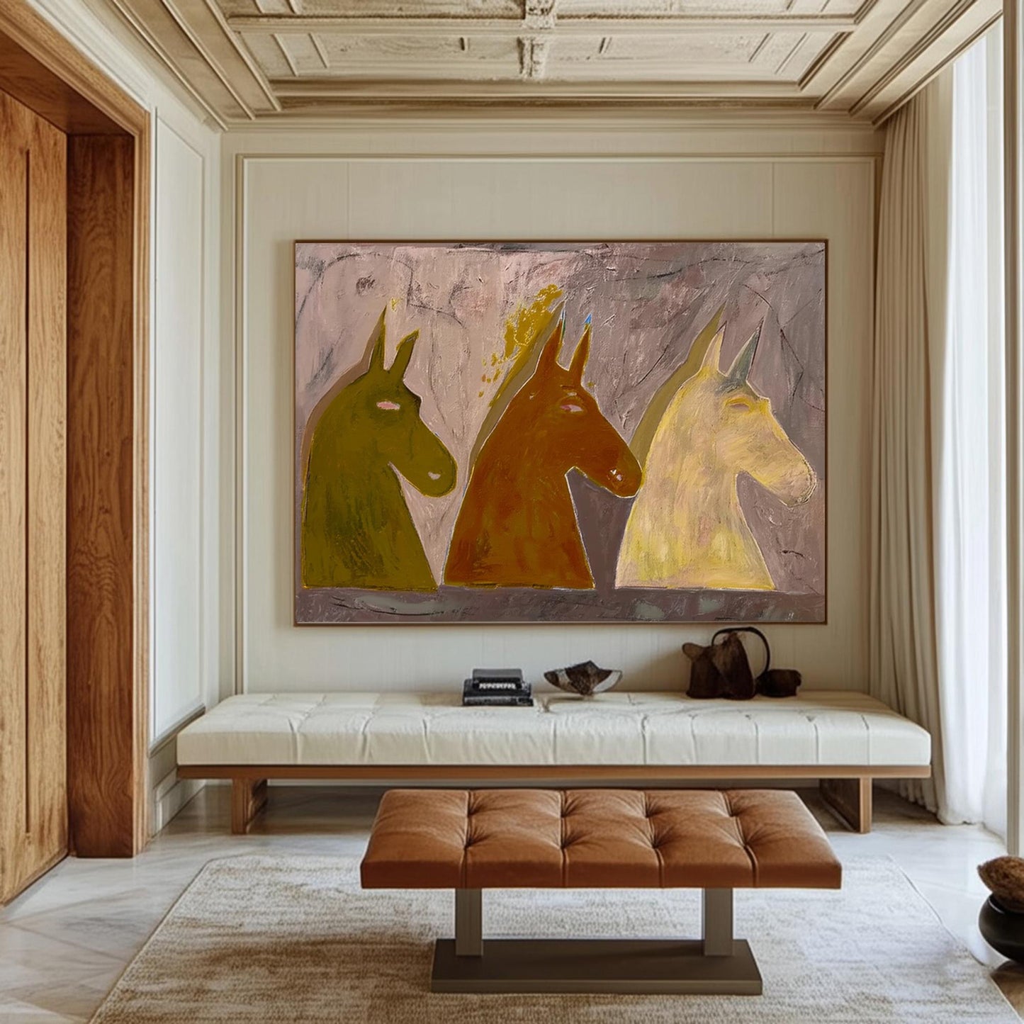 Trio Earth-Tone Horses Abstract Painting