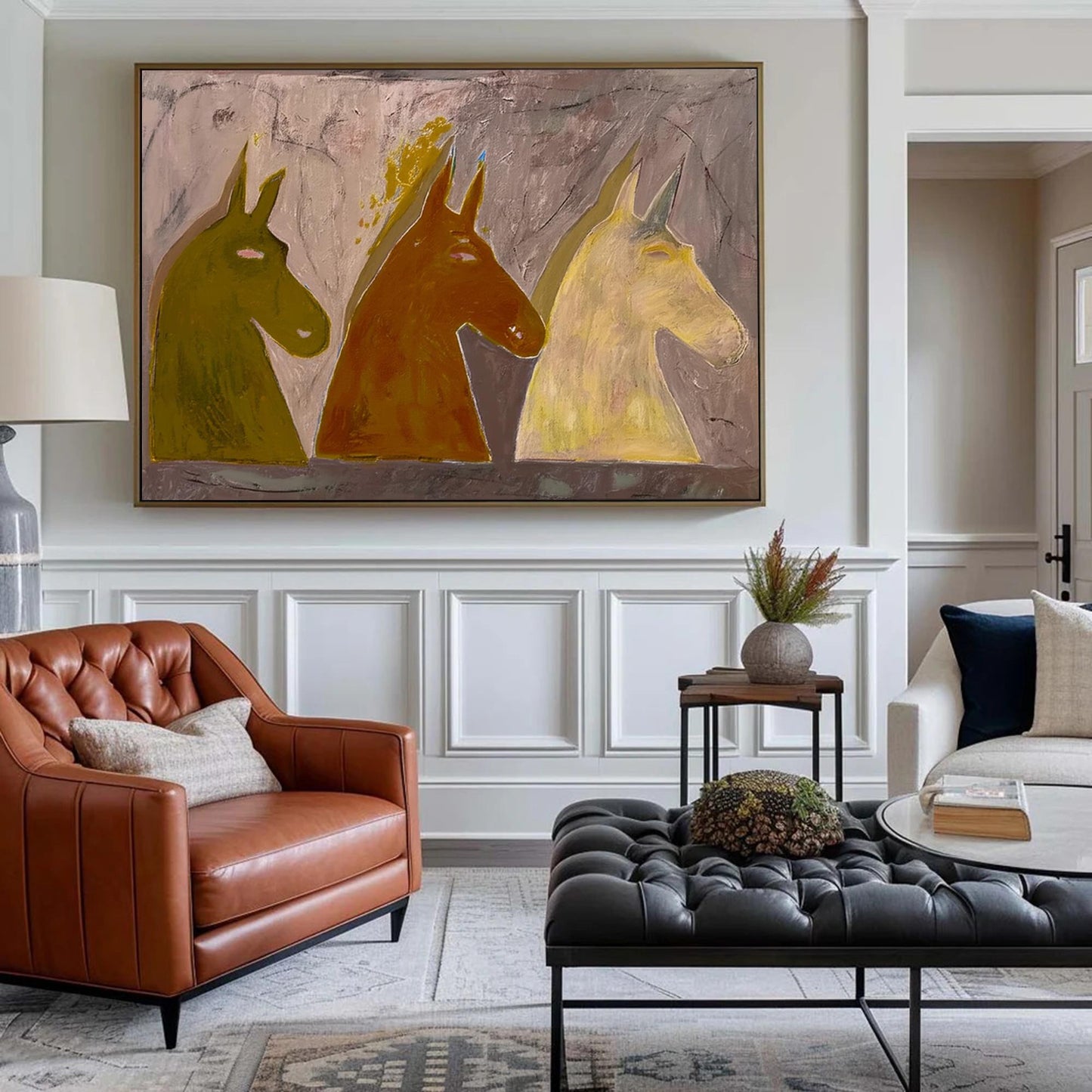 Trio Earth-Tone Horses Abstract Painting