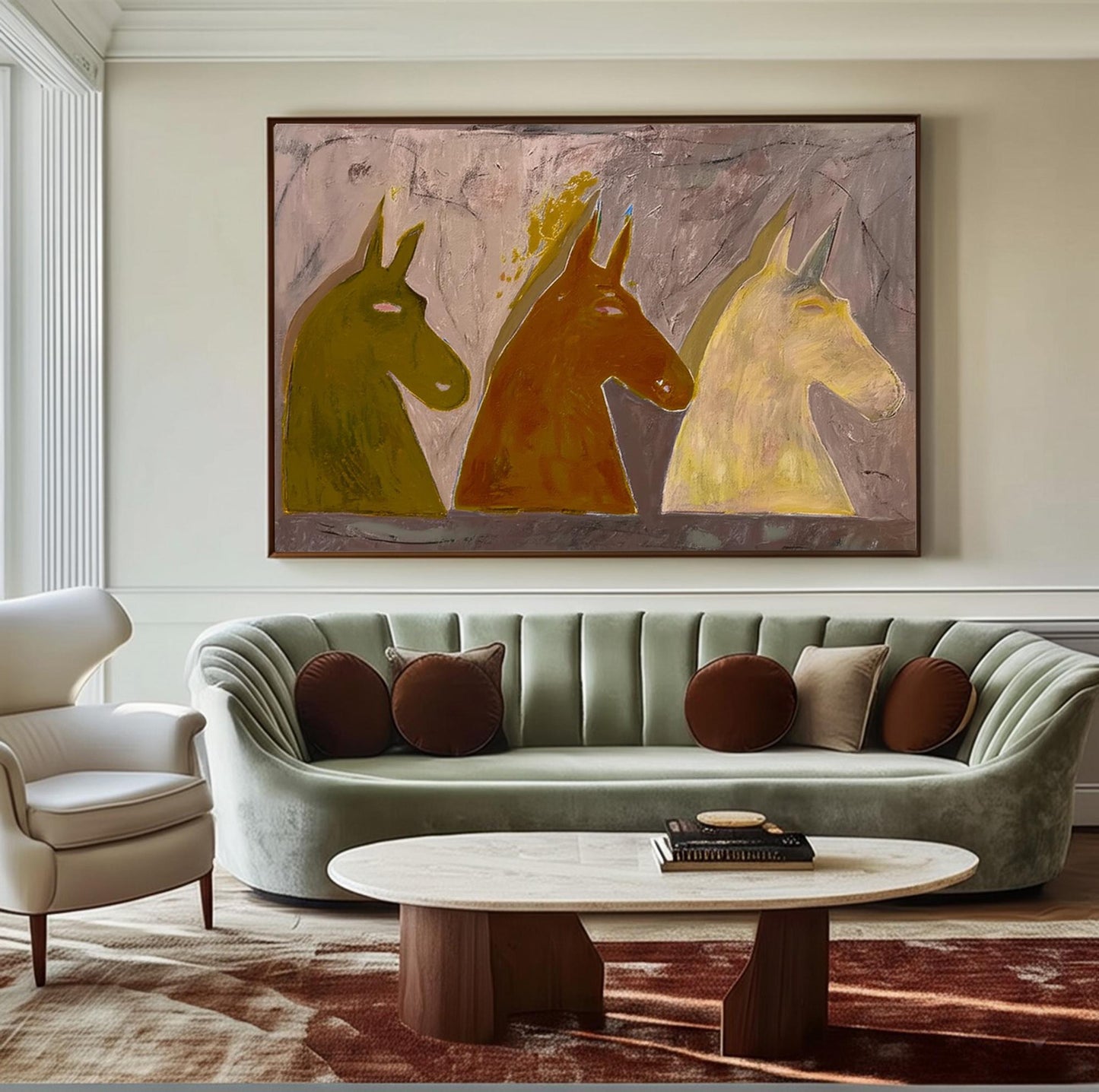 Trio Earth-Tone Horses Abstract Painting