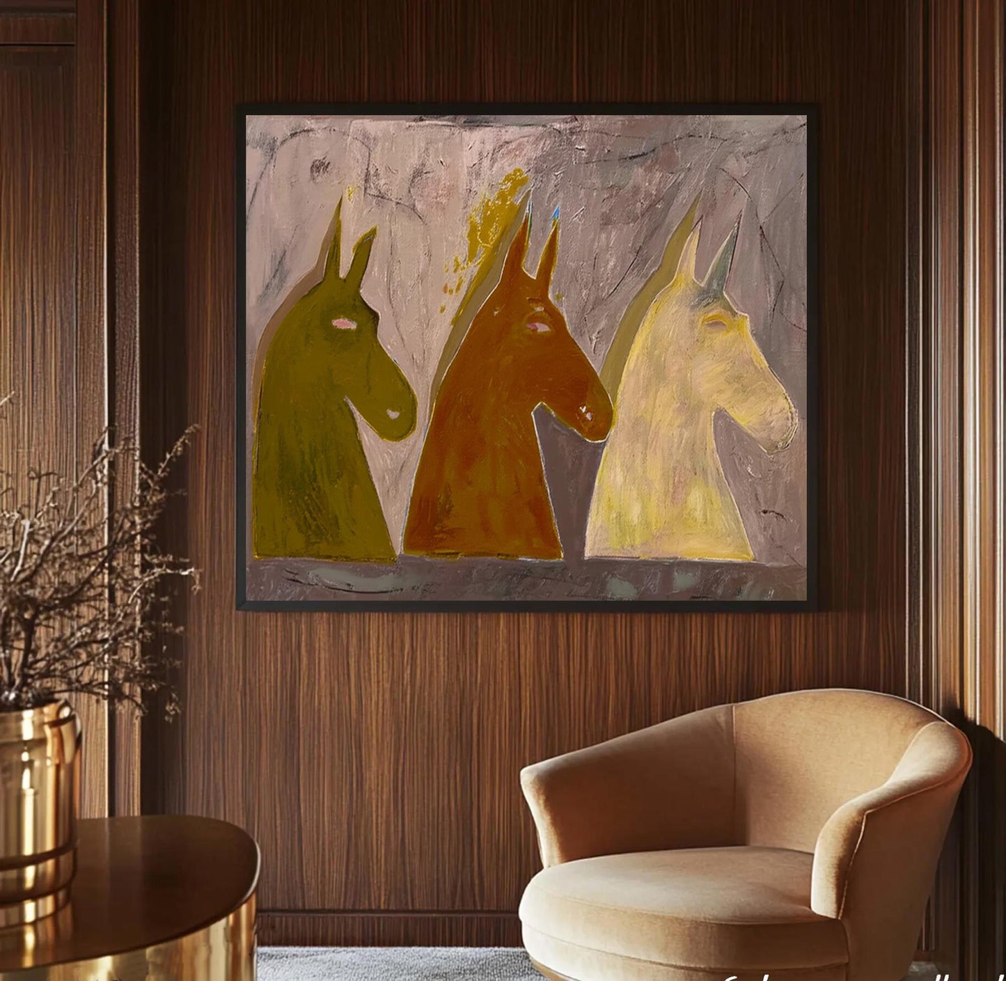 Trio Earth-Tone Horses Abstract Painting