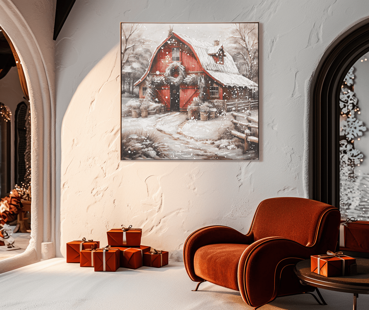 Snowy Red Barn Charm – Winter Christmas Painting