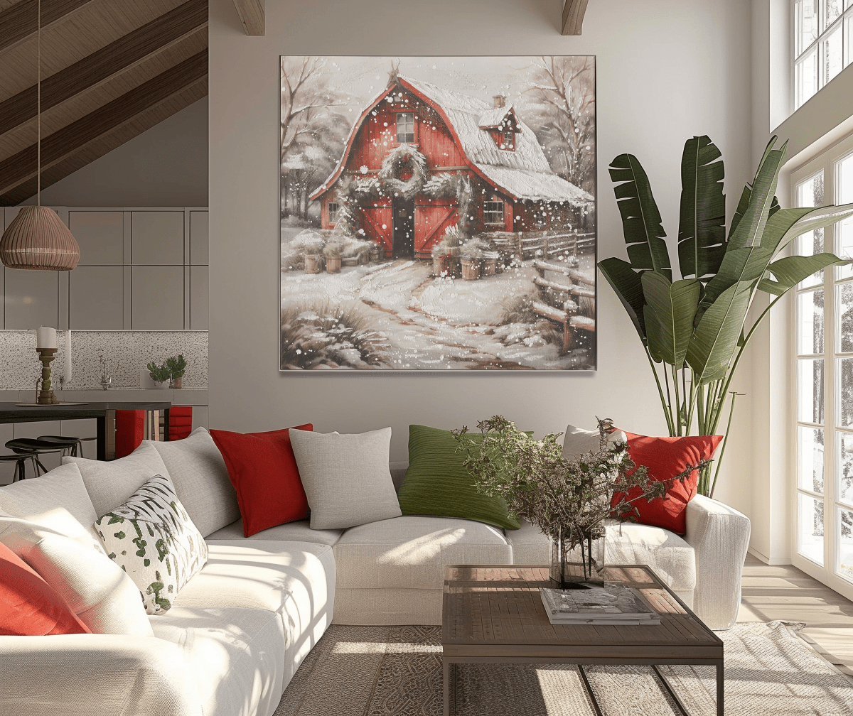 Snowy Red Barn Charm – Winter Christmas Painting