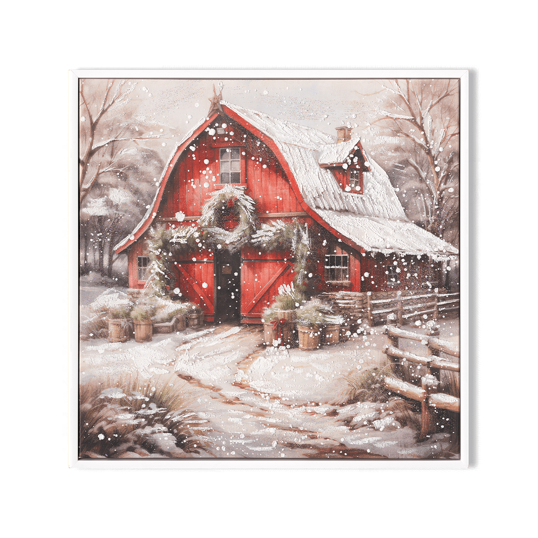Snowy Red Barn Charm – Winter Christmas Painting