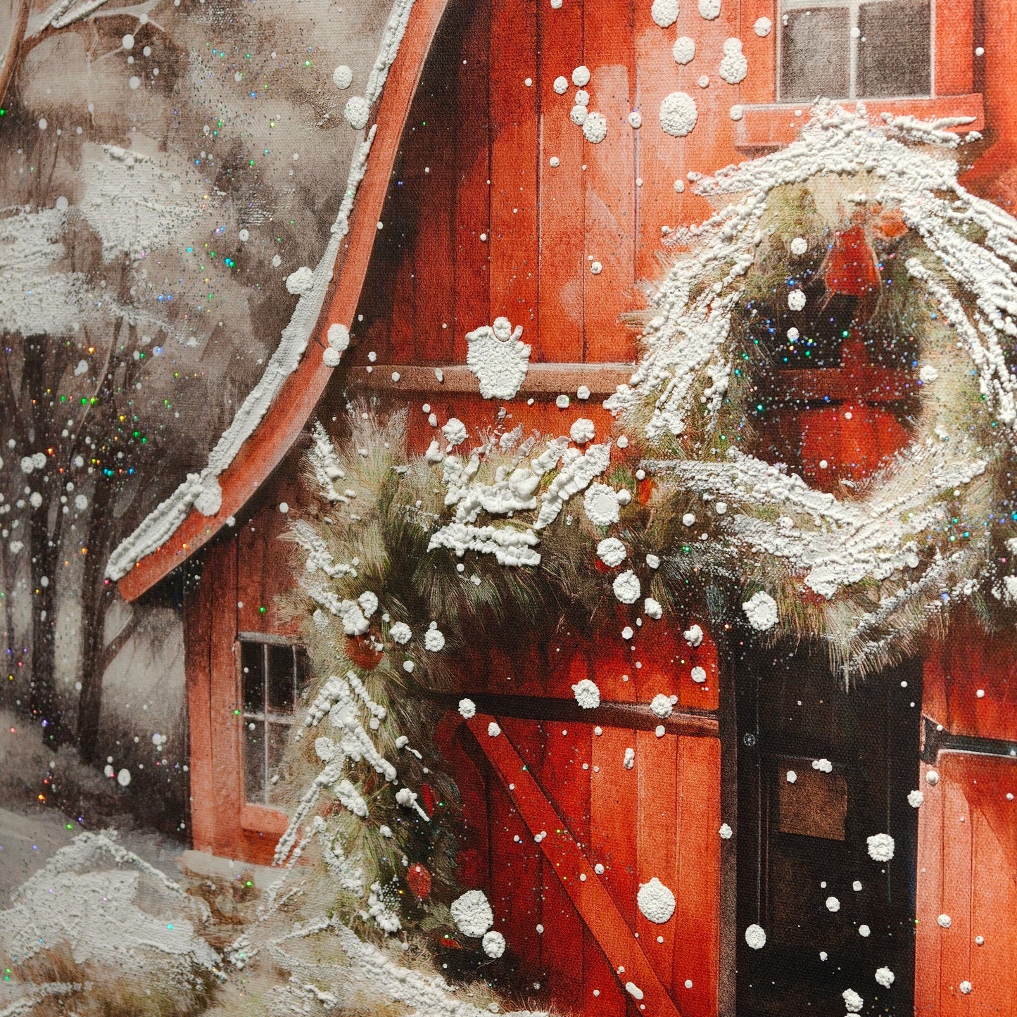 Snowy Red Barn Charm – Winter Christmas Painting
