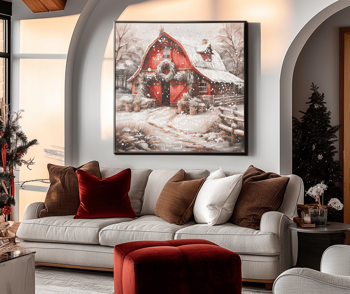 Snowy Red Barn Charm – Winter Christmas Painting